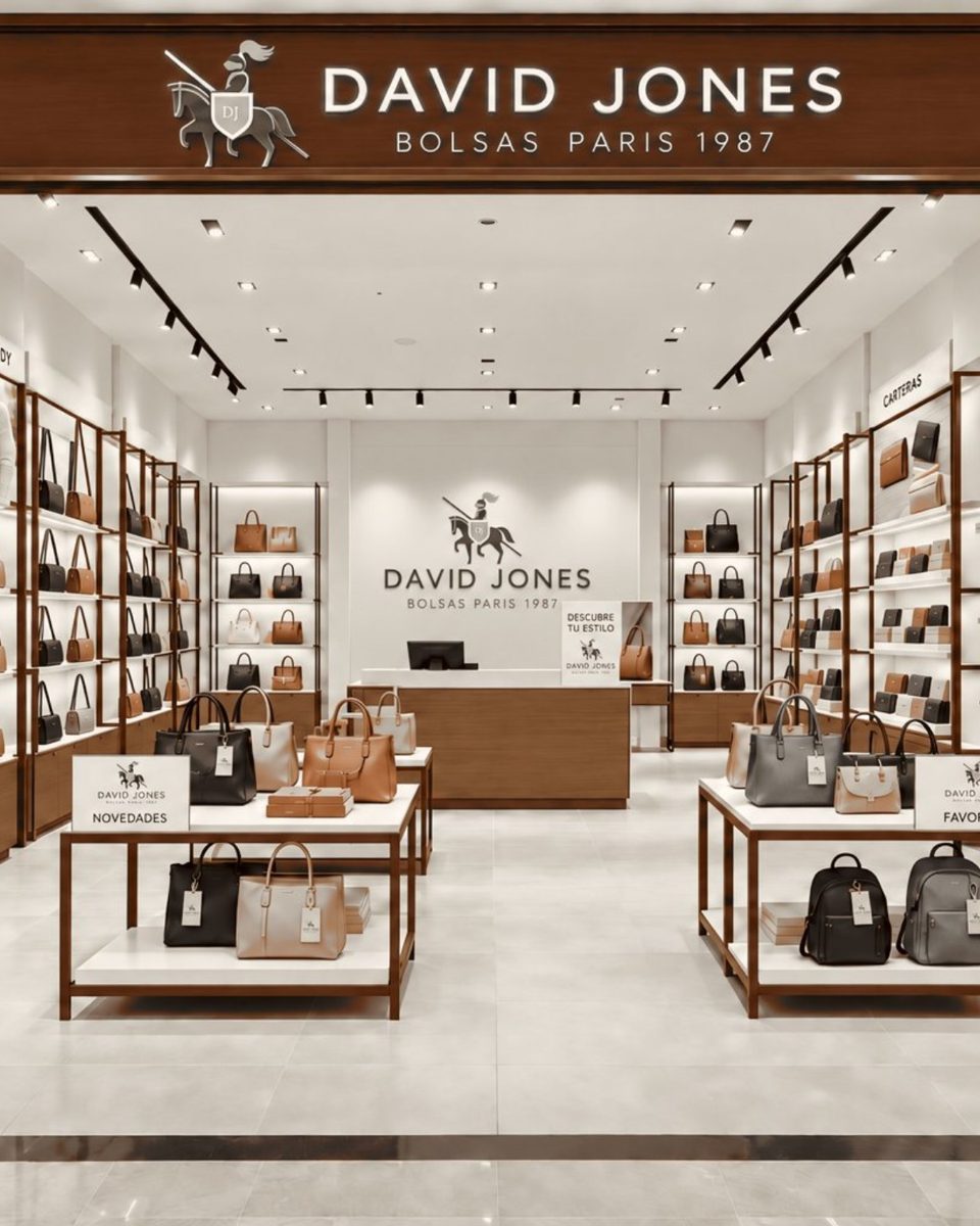 Exhibidor de tienda con bolsos David Jones